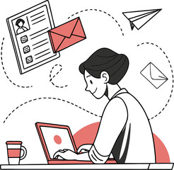 Digital Workspace: Illustration of a professional engrossed in their digital workspace. Surrounded by elements representing communication.