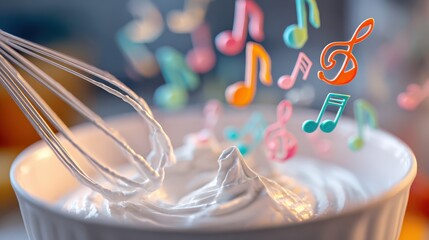 Whisk whipping cream with musical notes symbolizing cooking with passion