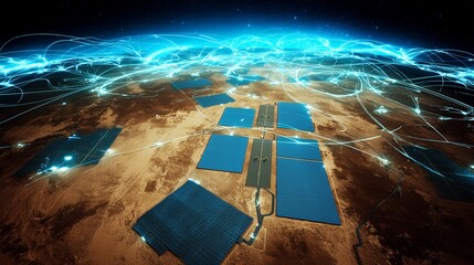 Aerial view of a large solar farm in the desert under clear blue sky with glowing energy lines
