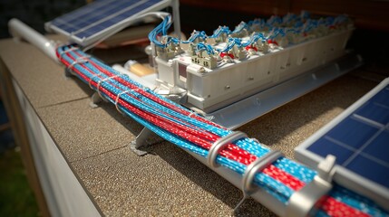 Close-up view of solar wiring being fed through rooftop conduit toward battery bank and inverter setup