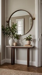 Elegant Entryway with Round Mirror and Console Table, Stylish Home Decor with Plants and Natural Light