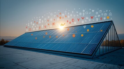 Modern house rooftop covered in solar panels, with sun flare and eco-friend