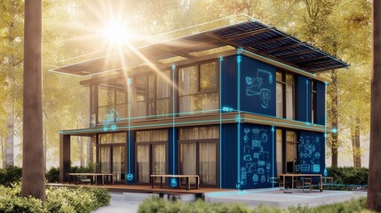 Modern house rooftop covered in solar panels, with sun flare and eco-friendly icons