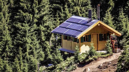 Solar panels on a mountain cabin surrounded by forest, symbolizing off-grid living
