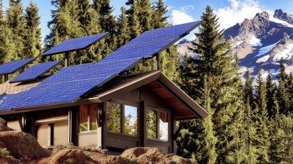 Solar panels on a mountain cabin surrounded by forest, symbolizing off-grid living
