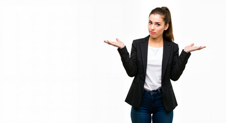 Young businesswoman making a gesture of uncertainty or shrugging her shoulders with a questioning expression on her face