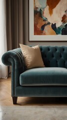 Elegant Teal Velvet Chesterfield Sofa with Beige Cushion, Sophisticated Living Room Interior Design with Abstract Art