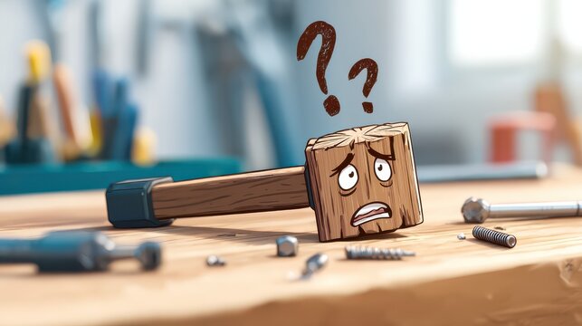 Confused mallet is lying on workbench with screws and question marks
