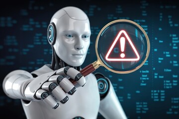 robot hold magnifern with red warning symbol. Debug with AI
