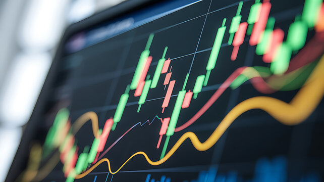 Close up of a financial stock market trading chart with candlesticks and moving averages