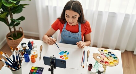 Young artist painting and recording creative art session
