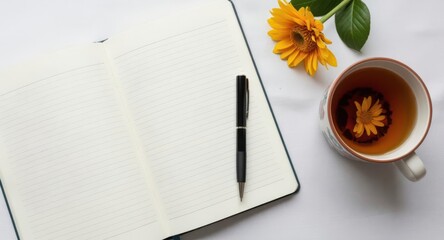 Open notebook with pen, tea cup, and flowers