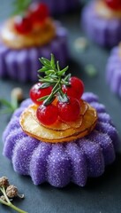 Colorful dessert with purple coconut jelly, fruits, and berries garnished with herbs
