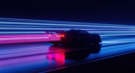 Sports car speeding through neon city light trails