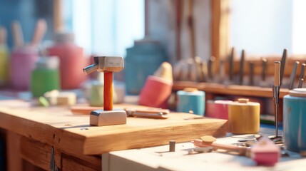 Miniature hammer resting on wooden workbench in a sunlit workshop