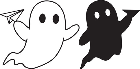 Fototapeta premium Two cartoon ghosts one white with paper airplane silhouette
