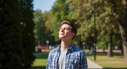 Young man enjoying sunlight in peaceful green park