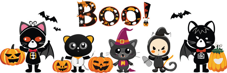 A vector illustration of a fire set with a spooky black silhouette of a witch's cat and hat for an autumn celebration