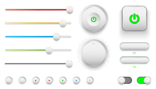 Realistic set of Neumorphism UI elements, including sliders, buttons, toggles, and dials, with subtle shadows and vibrant color accents.