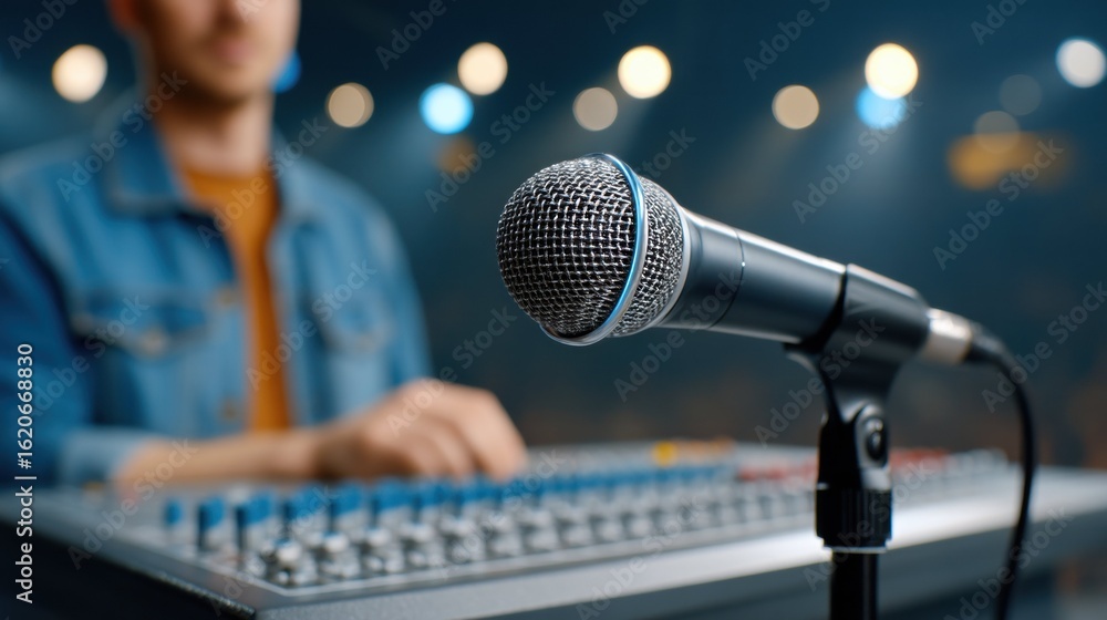 Poster sound engineer adjusting levels at live concert audio mixing console professional environment dynami