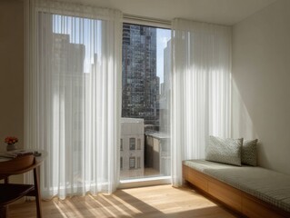 A white room with a window and a bench. The window is open and the room is filled with sunlight