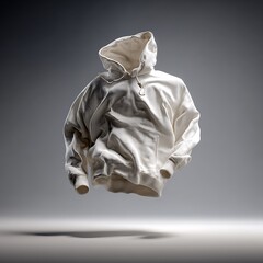 A crumpled white hoodie floating in the air isolated on white background