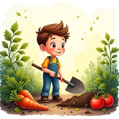 Cute Cartoon Boy Gardening with Shovel and Fresh Vegetables Watercolor Illustration