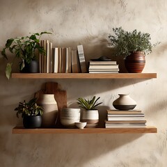 Two rustic wooden shelves with books and plants isolated on white background