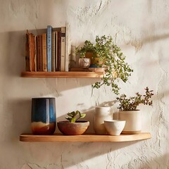Rustic wooden shelves displaying books and decorative items isolated on white background