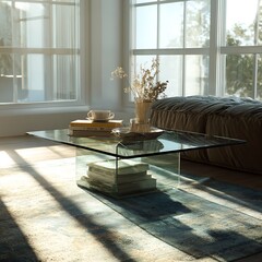 Modern living room with glass coffee table and sunlight isolated on white background