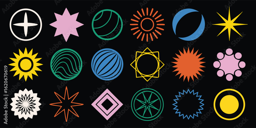 Poster set of colorful abstract geometric vector shapes. modern minimalist and brutalist icons on a black b