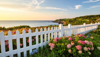 Vibrant Hydrangeas Bloom Along White Picket Fence Overlooking Ocean Under Sunset Sky