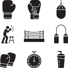 Boxing Equipment and Training Solid Icons — Gloves, Wraps, Ring Corner, Coach, and Speed Bag Symbols