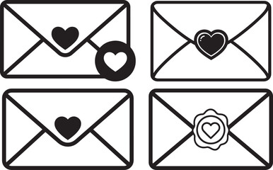 Four envelopes with heart symbols silhouette