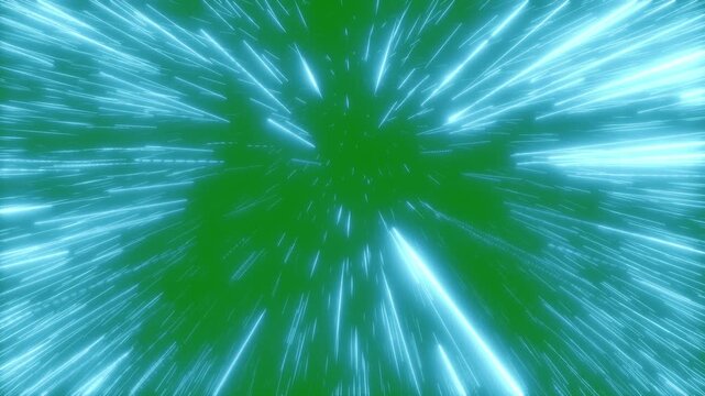 4K 24p starfield in deep space with green screen. Camera jumps to warp speed, stars stretch into blue streaks, then enter a curved tunnel of stars for sci fi and space travel projects