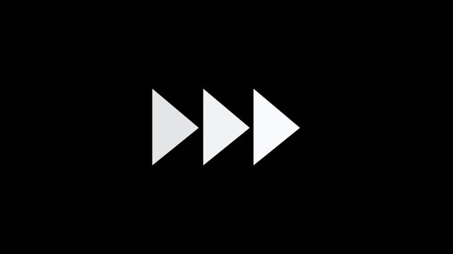 Fast forward white symbols icon animation on black background. Right fast forward sign next button with fast backward.