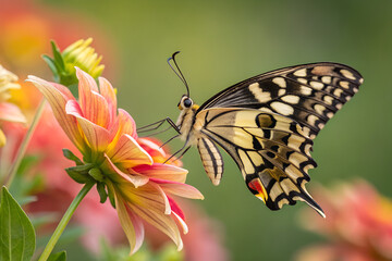 Obraz premium A butterfly is perched on a pink and yellow flower in a garden
