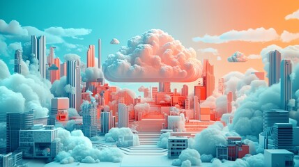 Surreal cityscape with clouds and colorful skies blending urban and nature.