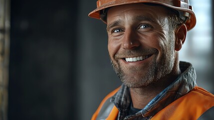Smiling construction worker in safety gear with a dirty face.