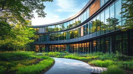 Modern building with curved design amidst lush greenery.