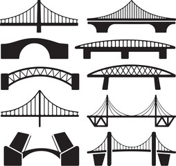 Bridge Structures Silhouette Icon Set – Suspension, Arch, Beam, Truss, Cable-Stayed, Drawbridge, and Cantilever