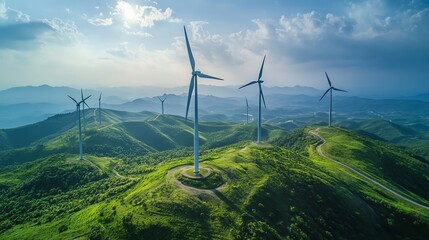 Wind turbines on a hillside with a scenic landscape backdrop.