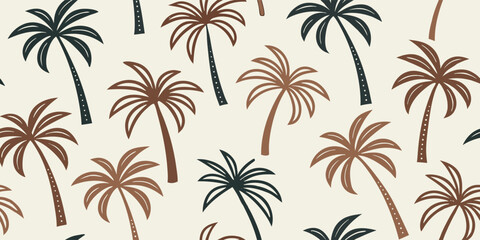 Palm tree seamless pattern. Vintage style tropical background with brown and black silhouette trees. Vector illustration for fabric, wallpaper, home decor, and summer design.