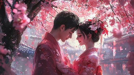 A romantic couple under cherry blossoms in vibrant colors.