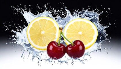 Vibrant Splash Of Water Surrounding Two Cherry Fruits And Lemon Halves Against Black To White Background