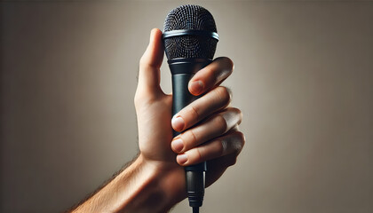 A human hand holding a microphone, shown in a wide aspect ratio. The hand is in the foreground, 