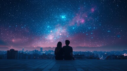 Couple gazing at a starry sky over a city skyline.