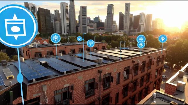 City skyline at sunset with solar panels on multiple rooftops and floating smart energy icons