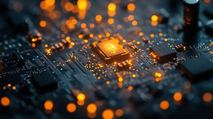 Close-up of a circuit board with glowing orange elements and intricate details.