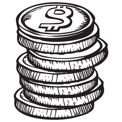 A Pile of Coins with a Dollar Sign in Black and White Monochrome Sketch Style Illustration
